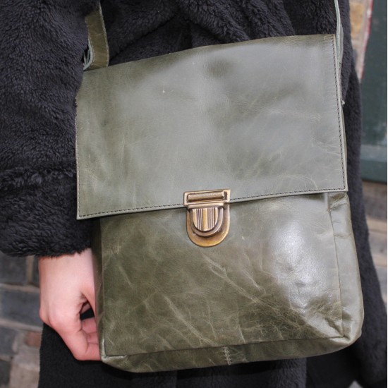 Messenger Medium Push through Bag Olive Green Leather